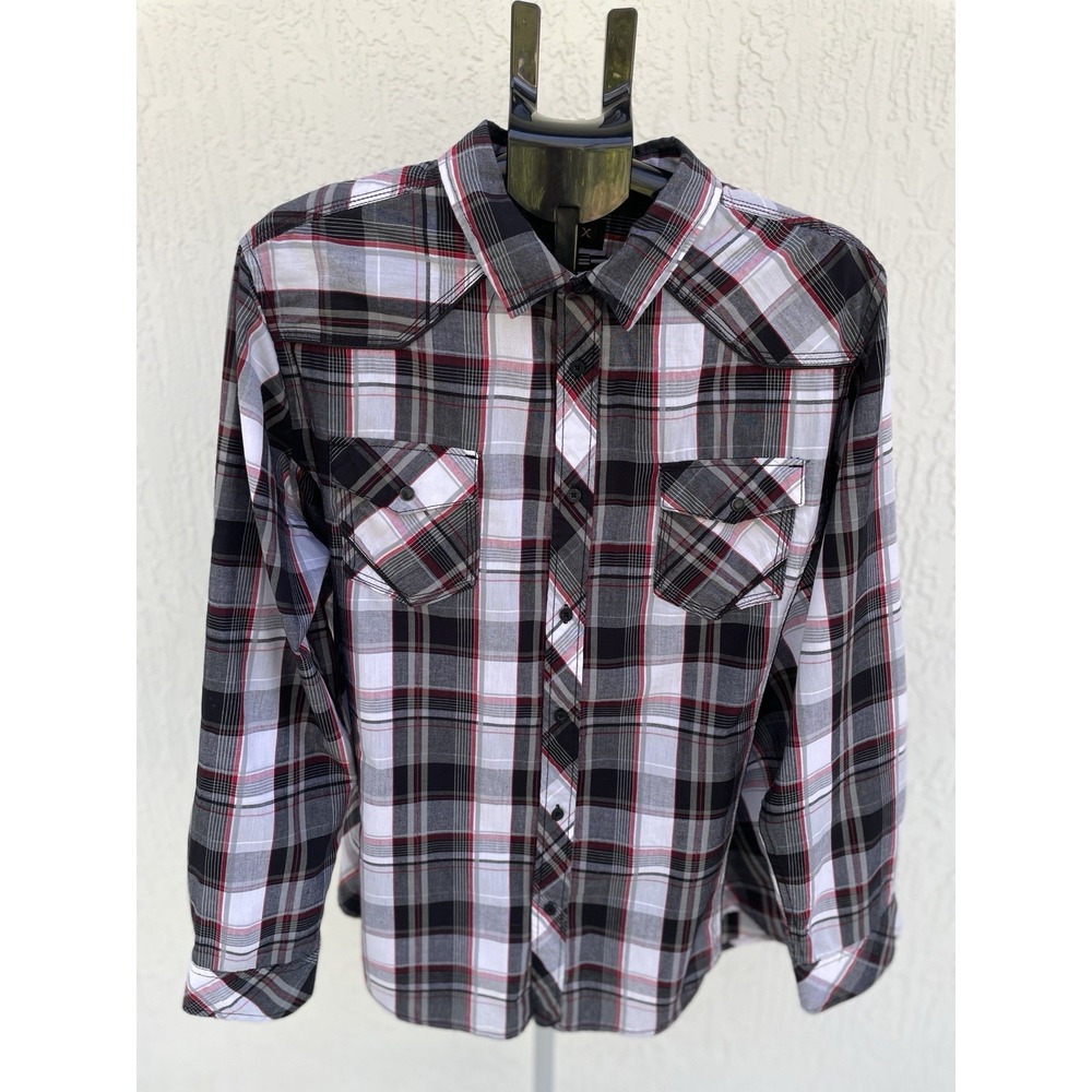 Helix Mens Plaid Western Pearl Snap Long Sleeve Shirt Black White Red Slim XXL